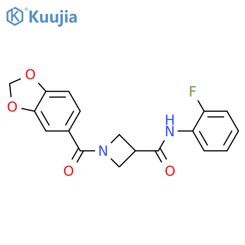 1-(2H-1,3-benzodioxole-5-carbonyl)-N-(2-fluorophenyl)azetidine-3-carboxamide structure