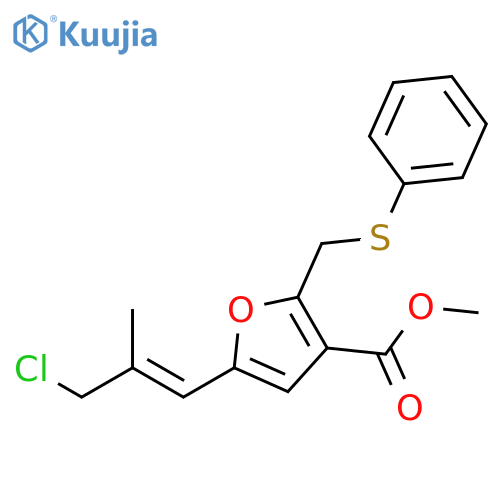 3-Furancarboxylic acid, 5-[(1E)-3-chloro-2-methyl-1-propen-1-yl]-2-[(phenylthio)methyl]-, methyl ester structure