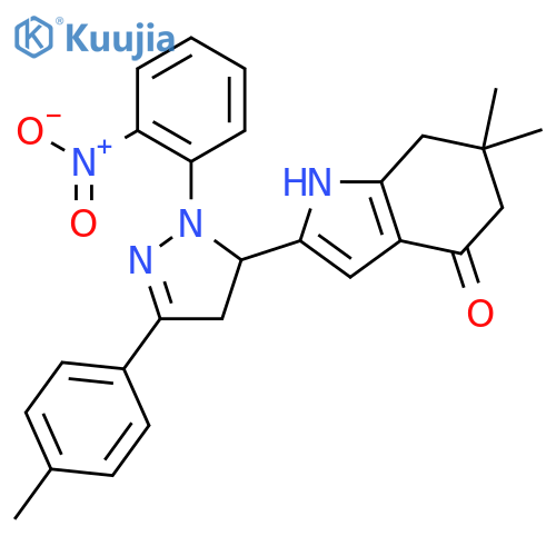 4H-Indol-4-one,2-[4,5-dihydro-3-(4-methylphenyl)-1-(nitrophenyl)-1H-pyrazol-5-yl]-1,5,6,7-tetrahydro-6,6-dimethyl- structure