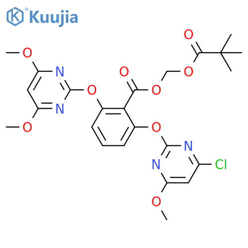 Benzoic acid, 2-[(4-chloro-6-methoxy-2-pyrimidinyl)oxy]-6-[(4,6-dimethoxy-2-pyrimidinyl)oxy]-, (2,2-dimethyl-1-oxopropoxy)methyl ester structure