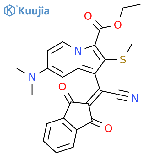 3-Indolizinecarboxylic acid, 1-[cyano(1,3-dihydro-1,3-dioxo-2H-inden-2-ylidene)methyl]-7-(dimethylamino)-2-(methylthio)-, ethyl ester structure