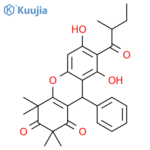 6,8-dihydroxy-2,2,4,4-tetramethyl-7 -(2-methylbutanoyl)-9-phenyl-4,9-dihydro-1H-xanthene-1,3(2H)-dione structure