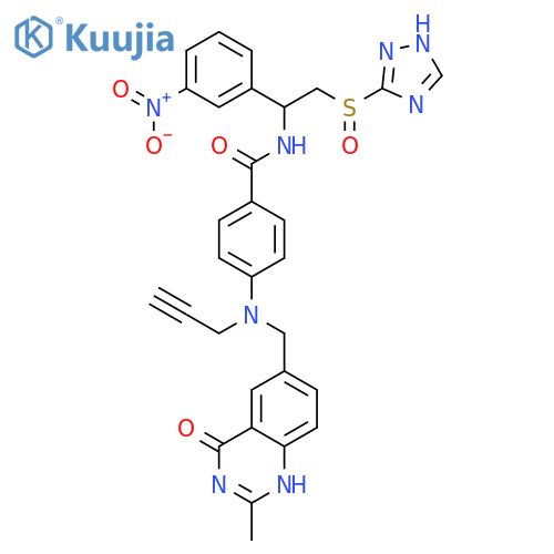 Benzamide,4-[[(1,4-dihydro-2-methyl-4-oxo-6-quinazolinyl)methyl]-2-propynylamino]-N-[1-(3-nitrophenyl)-2-(1H-1,2,4-triazol-3-ylsulfinyl)ethyl]- structure