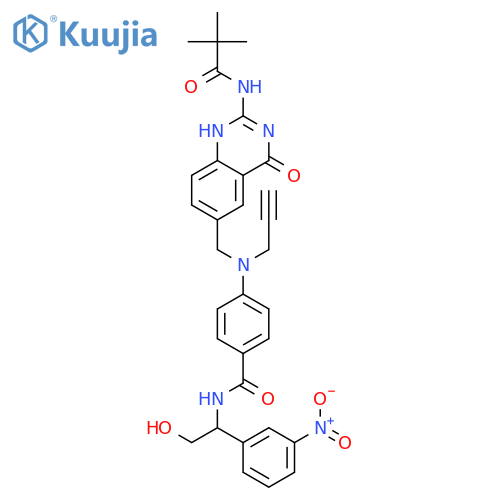 Benzamide,4-[[[2-[(2,2-dimethyl-1-oxopropyl)amino]-1,4-dihydro-4-oxo-6-quinazolinyl]methyl]-2-propynylamino]-N-[2-hydroxy-1-(3-nitrophenyl)ethyl]- structure