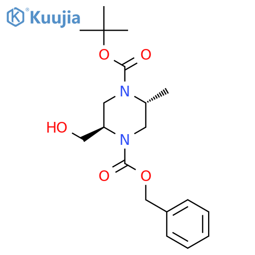 (2R,5R)-2-Hydroxymethyl-5-methyl-piperazine-1,4-dicarboxylic acid 1-benzyl ester 4-tert-butyl ester structure