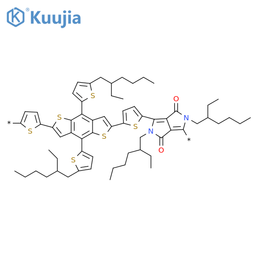 Poly[[2,5-bis(2-ethylhexyl)-2,3,5,6-tetrahydro-3,6-dioxopyrrolo[3,4-c]pyrrole-1,4-diyl]-2,5-thiophenediyl[4,8-bis[5-(2-ethylhexyl)-2-thienyl]benzo[1,2-b:4,5-b']dithiophene-2,6-diyl]-2,5-thiophenediyl] structure