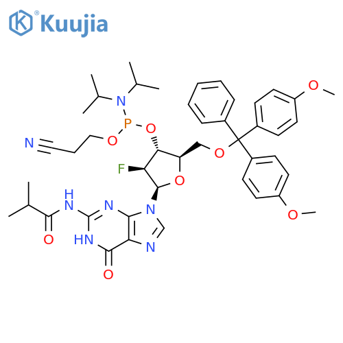 9-(2'-Deoxy-5'-O-DMT-2'-fluoro-b-D-arabinofuranosyl)-N2-isobutyrylguanine 3'-CE phosphoramidite structure