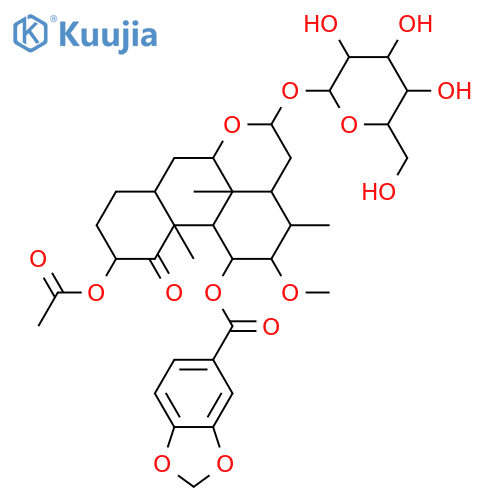 18-Norpicrasan-1-one, 2-(acetyloxy)-11-[(1,3-benzodioxol-5-ylcarbonyl)oxy]-16-(β-D-glucopyranosyloxy)-12-methoxy-, (2α,11α,12β,16α)- (9CI) structure