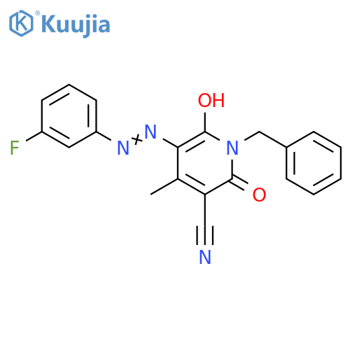 3-Pyridinecarbonitrile,5-[(3-fluorophenyl)azo]-1,2-dihydro-6-hydroxy-4-methyl-2-oxo-1-(phenylmethyl)- structure