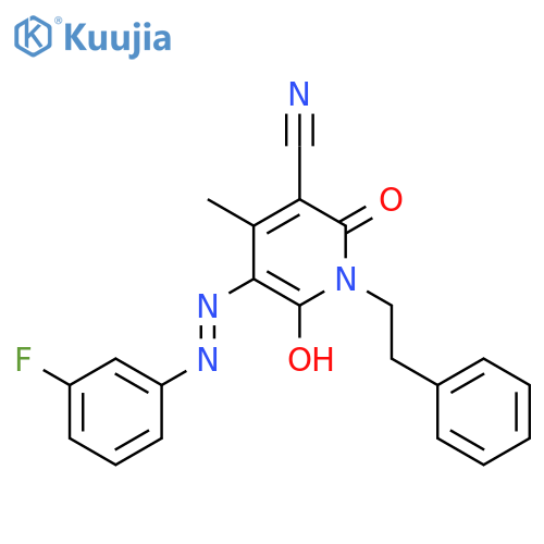 3-Pyridinecarbonitrile,5-[(3-fluorophenyl)azo]-1,2-dihydro-6-hydroxy-4-methyl-2-oxo-1-(2-phenylethyl)- structure