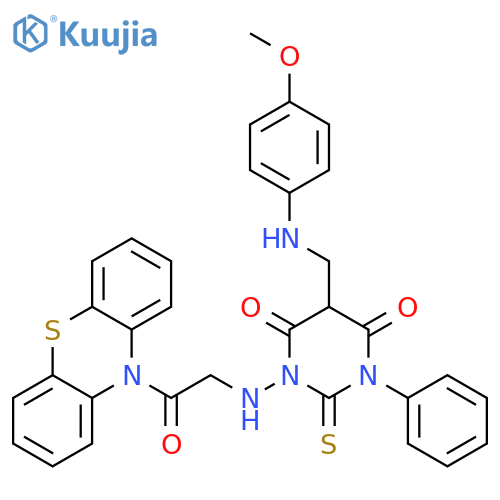 4,6(1H,5H)-Pyrimidinedione,dihydro-5-[[(4-methoxyphenyl)amino]methyl]-1-[[2-oxo-2-(10H-phenothiazin-10-yl)ethyl]amino]-3-phenyl-2-thioxo- structure