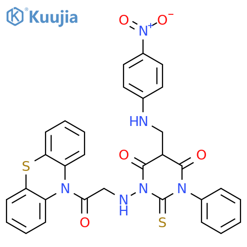 4,6(1H,5H)-Pyrimidinedione,dihydro-5-[[(4-nitrophenyl)amino]methyl]-1-[[2-oxo-2-(10H-phenothiazin-10-yl)ethyl]amino]-3-phenyl-2-thioxo- structure