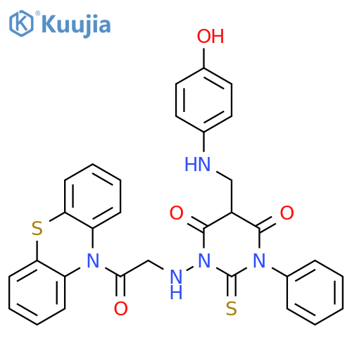 4,6(1H,5H)-Pyrimidinedione,dihydro-5-[[(4-hydroxyphenyl)amino]methyl]-1-[[2-oxo-2-(10H-phenothiazin-10-yl)ethyl]amino]-3-phenyl-2-thioxo- structure