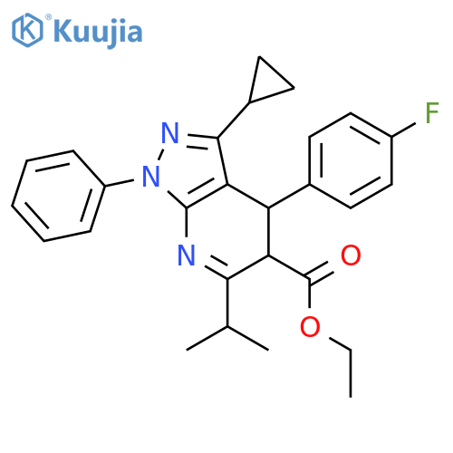 1H-Pyrazolo[3,4-b]pyridine-5-carboxylic acid, 3-cyclopropyl-4-(4-fluorophenyl)-4,5-dihydro-6-(1-methylethyl)-1-phenyl-, ethyl ester structure