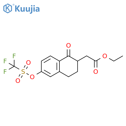 Ethyl 2-(1-oxo-6-(((trifluoromethyl)sulfonyl)oxy)-1,2,3,4-tetrahydronaphthalen-2-yl)acetate structure