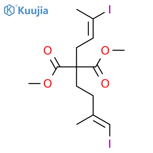 Propanedioic acid, 2-[(2E)-3-iodo-2-buten-1-yl]-2-[(3E)-4-iodo-3-methyl-3-buten-1-yl]-, 1,3-dimethyl ester structure