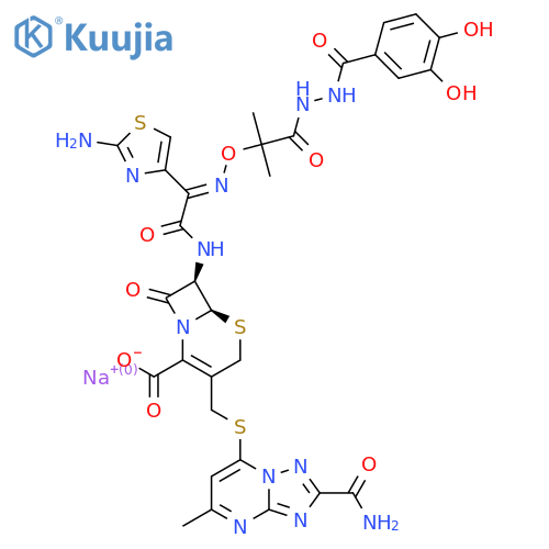Sodium;(6R,7R)-7-[[(2E)-2-(2-amino-1,3-thiazol-4-yl)-2-[1-[2-(3,4-dihydroxybenzoyl)hydrazinyl]-2-methyl-1-oxopropan-2-yl]oxyiminoacetyl]amino]-3-[(2-carbamoyl-5-methyl-[1,2,4]triazolo[1,5-a]pyrimidin-7-yl)sulfanylmethyl]-8-oxo-5-thia-1-azabicyclo[4.2.0]oct-2-ene-2-carboxylate structure