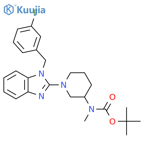 Tert-butyl (1-(1-(3-fluorobenzyl)-1H-benzo[d]imidazol-2-yl)piperidin-3-yl)(methyl)carbamate structure