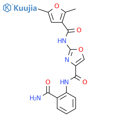 N-(2-carbamoylphenyl)-2-(2,5-dimethylfuran-3-amido)-1,3-oxazole-4-carboxamide structure