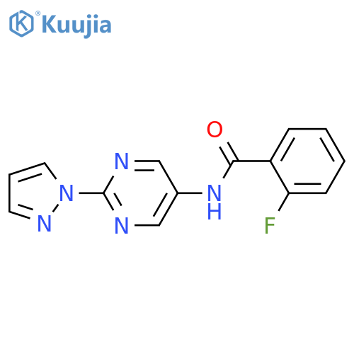 2-fluoro-N-[2-(1H-pyrazol-1-yl)pyrimidin-5-yl]benzamide structure