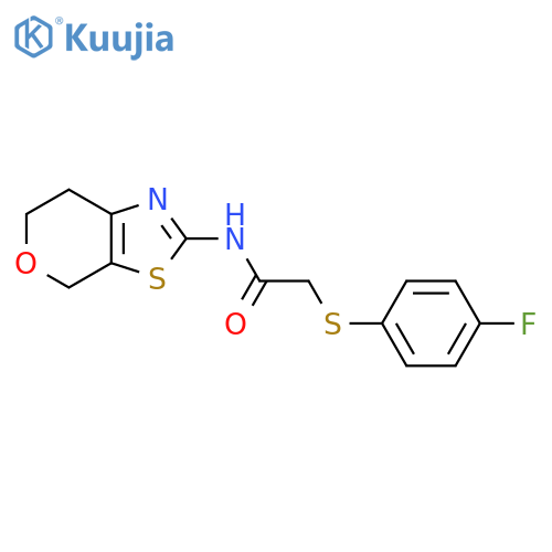 2-(4-fluorophenyl)sulfanyl-N-{4H,6H,7H-pyrano4,3-d1,3thiazol-2-yl}acetamide structure
