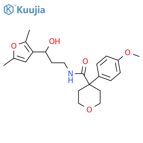 N-3-(2,5-dimethylfuran-3-yl)-3-hydroxypropyl-4-(4-methoxyphenyl)oxane-4-carboxamide structure