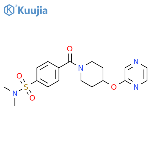 N,N-dimethyl-4-[4-(pyrazin-2-yloxy)piperidine-1-carbonyl]benzene-1-sulfonamide structure