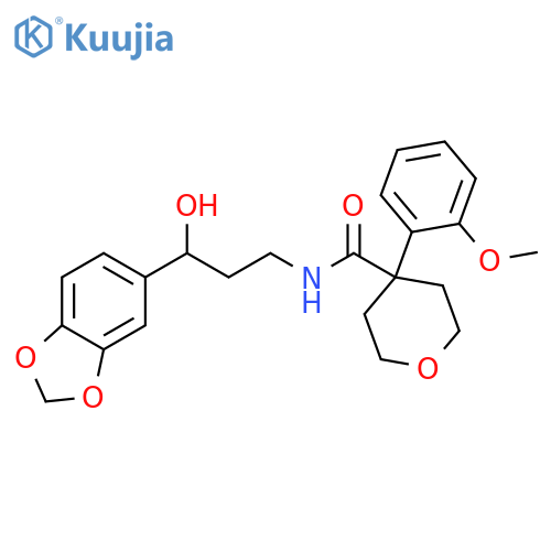 N-3-(2H-1,3-benzodioxol-5-yl)-3-hydroxypropyl-4-(2-methoxyphenyl)oxane-4-carboxamide structure