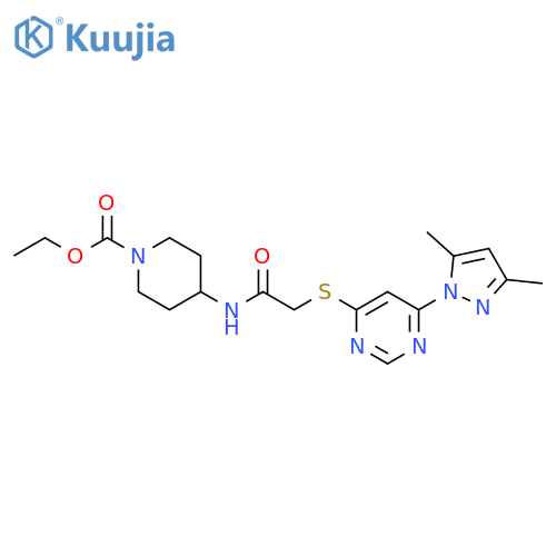 ethyl 4-(2-{6-(3,5-dimethyl-1H-pyrazol-1-yl)pyrimidin-4-ylsulfanyl}acetamido)piperidine-1-carboxylate structure