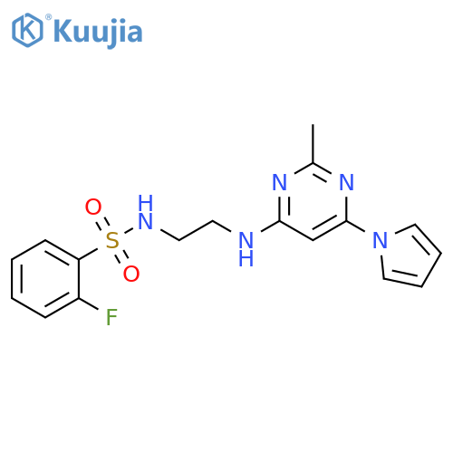 2-fluoro-N-(2-{[2-methyl-6-(1H-pyrrol-1-yl)pyrimidin-4-yl]amino}ethyl)benzene-1-sulfonamide structure