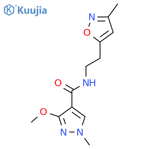 3-methoxy-1-methyl-N-(2-(3-methylisoxazol-5-yl)ethyl)-1H-pyrazole-4-carboxamide structure