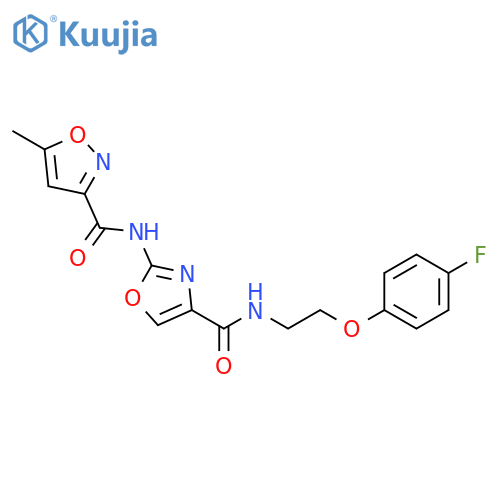 N-(4-{2-(4-fluorophenoxy)ethylcarbamoyl}-1,3-oxazol-2-yl)-5-methyl-1,2-oxazole-3-carboxamide structure