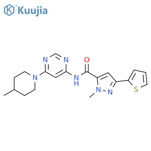 1-methyl-N-6-(4-methylpiperidin-1-yl)pyrimidin-4-yl-3-(thiophen-2-yl)-1H-pyrazole-5-carboxamide structure