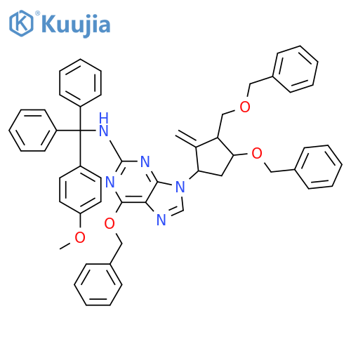 N-[(4-Methoxyphenyl)-diphenylmethyl]-9-[(1S,3R,4S)-2-methylidene-4-phenylmethoxy-3-(phenylmethoxymethyl)cyclopentyl]-6-phenylmethoxypurin-2-amine structure