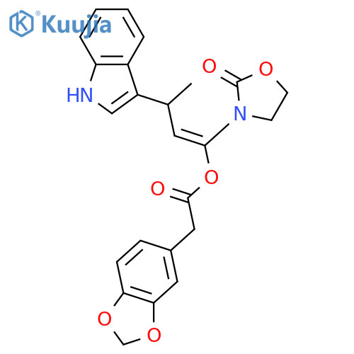 1,3-Benzodioxole-5-acetic acid, (1Z)-3-(1H-indol-3-yl)-1-(2-oxo-3-oxazolidinyl)-1-buten-1-yl ester structure