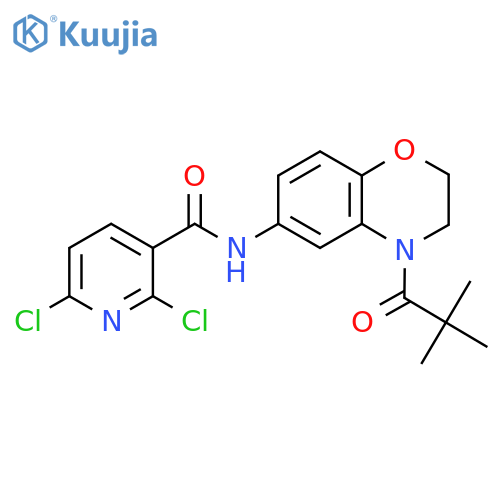 2,6-dichloro-N-[4-(2,2-dimethylpropanoyl)-3,4-dihydro-2H-1,4-benzoxazin-6-yl]pyridine-3-carboxamide structure