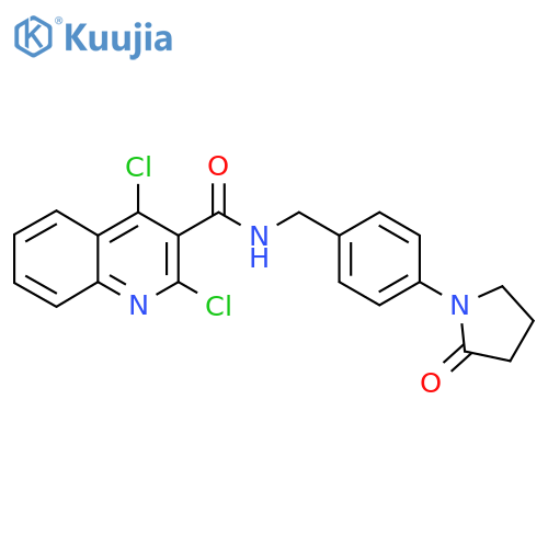 2,4-dichloro-N-{[4-(2-oxopyrrolidin-1-yl)phenyl]methyl}quinoline-3-carboxamide structure