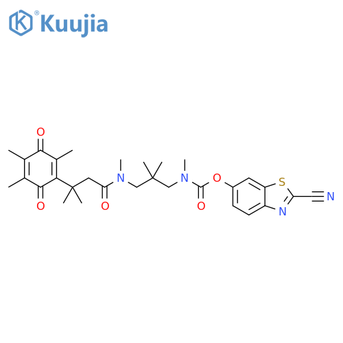 Carbamic acid, N-[2,2-dimethyl-3-[methyl[3-methyl-1-oxo-3-(2,4,5-trimethyl-3,6-dioxo-1,4-cyclohexadien-1-yl)butyl]amino]propyl]-N-methyl-, 2-cyano-6-benzothiazolyl ester structure