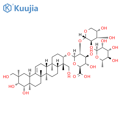 b-D-Glucopyranosiduronic acid, (3b,4b,20a,21b,22b)-21,22,23,29-tetrahydroxyolean-12-en-3-yl O-6-deoxy-a-L-mannopyranosyl-(1(R)2)-O-a-L-arabinopyranosyl-(1(R)2)- (9CI) structure