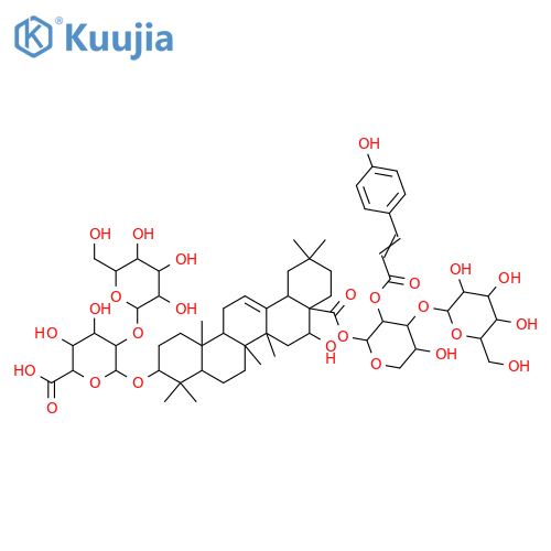 β-D-Glucopyranosiduronic acid, (3β,16α)-28-[[3-O-β-D-glucopyranosyl-2-O-[(2E)-3-(4-hydroxyphenyl)-1-oxo-2-propenyl]-β-D-xylopyranosyl]oxy]-16-hydroxy-28-oxoolean-12-en-3-yl 2-O-β-D-galactopyranosyl- (9CI) structure
