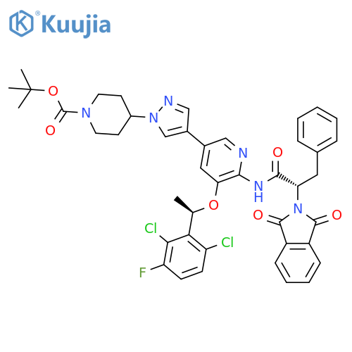 1,1-Dimethylethyl 4-[4-[5-[(1R)-1-(2,6-dichloro-3-fluorophenyl)ethoxy]-6-[[(2S)-2-(1,3-dihydro-1,3-dioxo-2H-isoindol-2-yl)-1-oxo-3-phenylpropyl]amino]-3-pyridinyl]-1H-pyrazol-1-yl]-1-piperidinecarboxylate structure