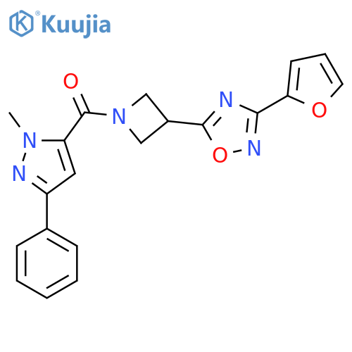 3-(furan-2-yl)-5-1-(1-methyl-3-phenyl-1H-pyrazole-5-carbonyl)azetidin-3-yl-1,2,4-oxadiazole structure