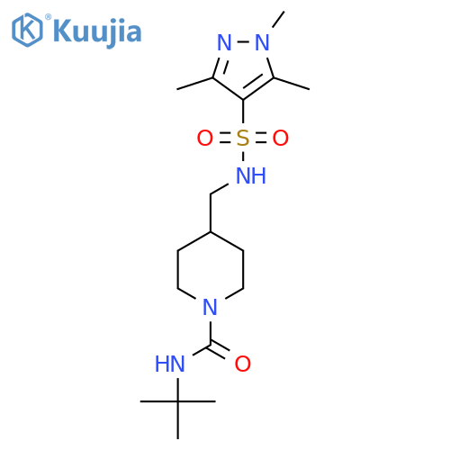 N-tert-butyl-4-(1,3,5-trimethyl-1H-pyrazole-4-sulfonamido)methylpiperidine-1-carboxamide structure