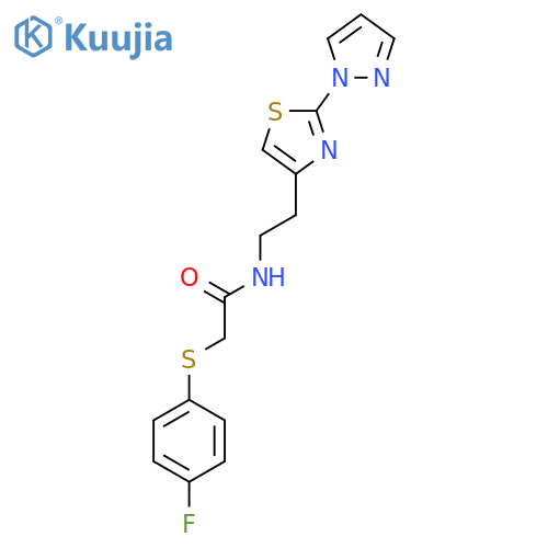 2-(4-fluorophenyl)sulfanyl-N-{2-2-(1H-pyrazol-1-yl)-1,3-thiazol-4-ylethyl}acetamide structure