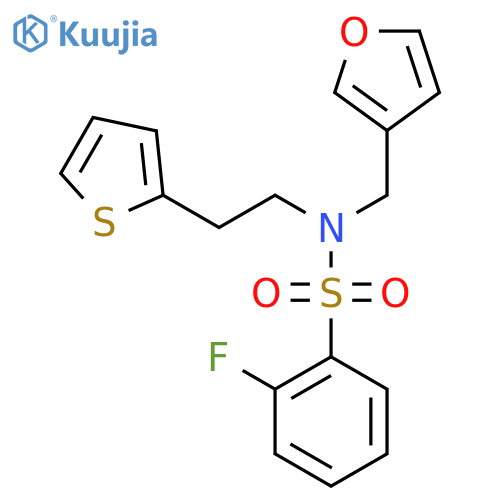 2-fluoro-N-(furan-3-yl)methyl-N-2-(thiophen-2-yl)ethylbenzene-1-sulfonamide structure