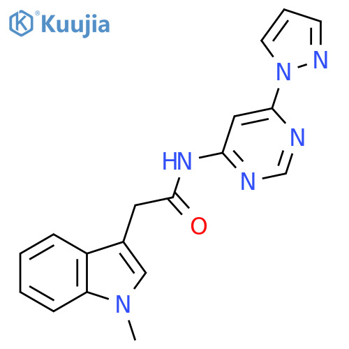 2-(1-methyl-1H-indol-3-yl)-N-6-(1H-pyrazol-1-yl)pyrimidin-4-ylacetamide structure