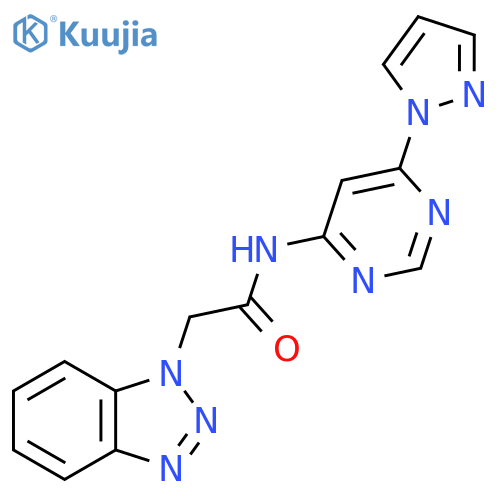 2-(1H-1,2,3-benzotriazol-1-yl)-N-6-(1H-pyrazol-1-yl)pyrimidin-4-ylacetamide structure