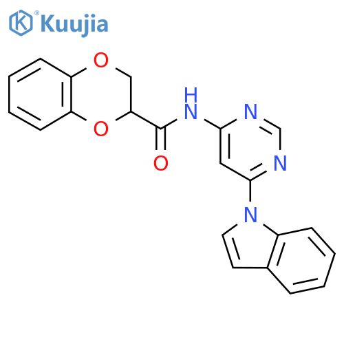 N-6-(1H-indol-1-yl)pyrimidin-4-yl-2,3-dihydro-1,4-benzodioxine-2-carboxamide structure
