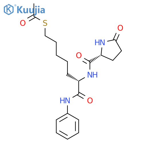 S-[(6S)-7-Anilino-7-oxo-6-[[(2R)-5-oxopyrrolidine-2-carbonyl]amino]heptyl] ethanethioate structure
