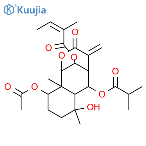 1,4,6,8-Tetrahydroxy-11(13)-eudesmen-12,9-olide; (1α,4β,5β,6α,8β,9β,10α)-form, 8-Angeloyl, 6-O-(2-methylpropanoyl), 1-Ac structure